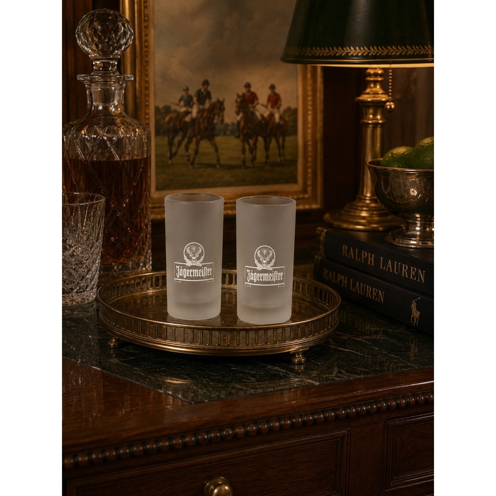 Set of 2 Jagermeister Frosted Shot Glasses ARC 2cl 4cl Logo Barware Tall Glass